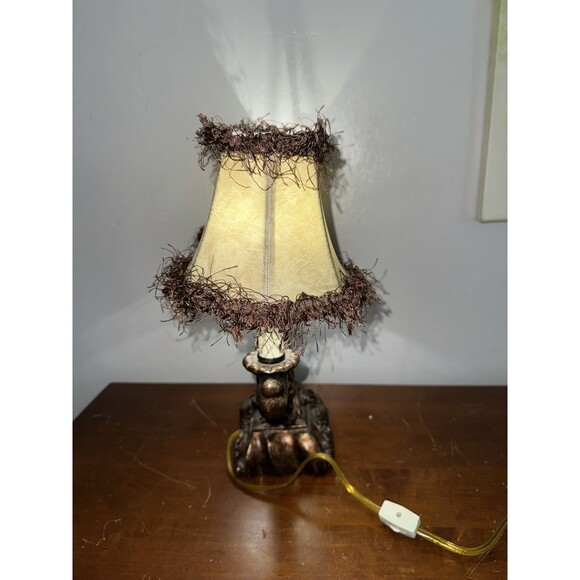 VTG Small Ornate Gilt Finished Two Light Table Lamp Beige Fabric Shades - Picture 4 of 10